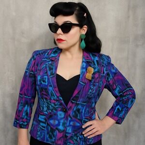 Vintage 80s Pierre Lamonte‎ Blazer Jacket Women's 12 Abstract Neon Print USA